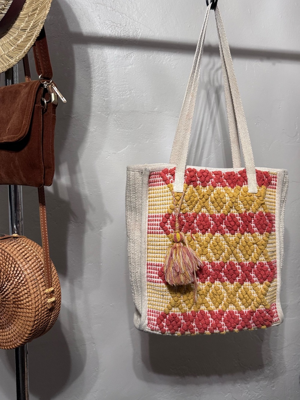 Universal Thread Nubby Handwoven Coral & Mustard Tote with Tassel - Large